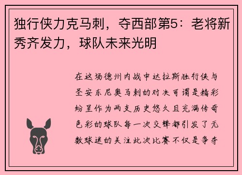 独行侠力克马刺，夺西部第5：老将新秀齐发力，球队未来光明
